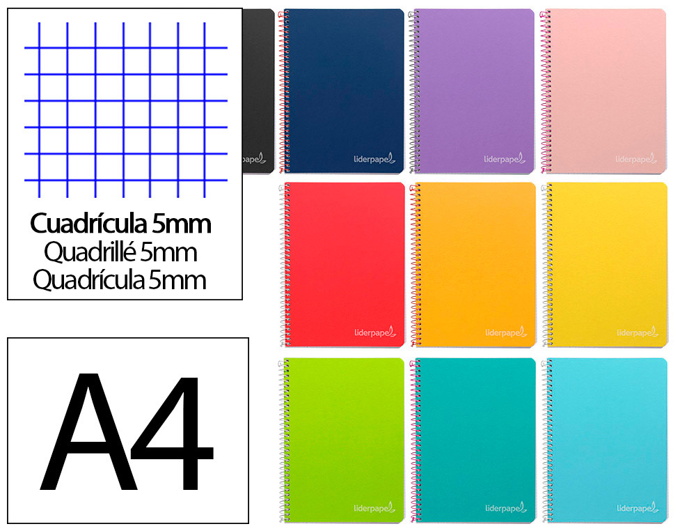 CUADERNO ESPIRAL LIDERPAPEL A4 WITTY TAPA DURA 80H 90GR CUADRO 5MM CON MARGEN COLORES SURTIDOS