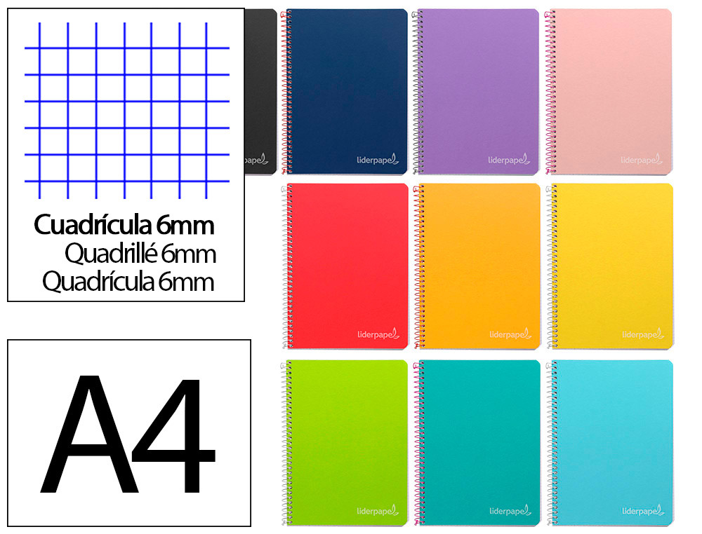 CUADERNO ESPIRAL LIDERPAPEL A4 WITTY TAPA DURA 80H 90GR CUADRO 6MM CON MARGEN COLORES SURTIDOS