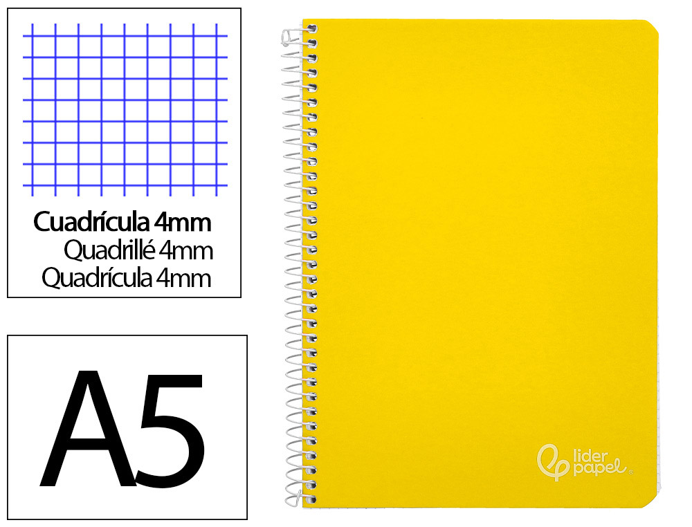 CUADERNO ESPIRAL LIDERPAPEL A5 WITTY TAPA DURA 80H 90GR CUADRO 4MM CON MARGEN COLOR AMARILLO