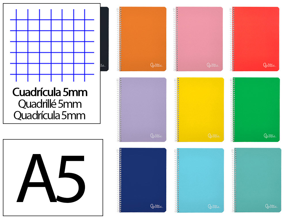 CUADERNO ESPIRAL LIDERPAPEL A5 WITTY TAPA DURA 80H 90GR CUADRO 5MM CON MARGEN COLORES SURTIDOS