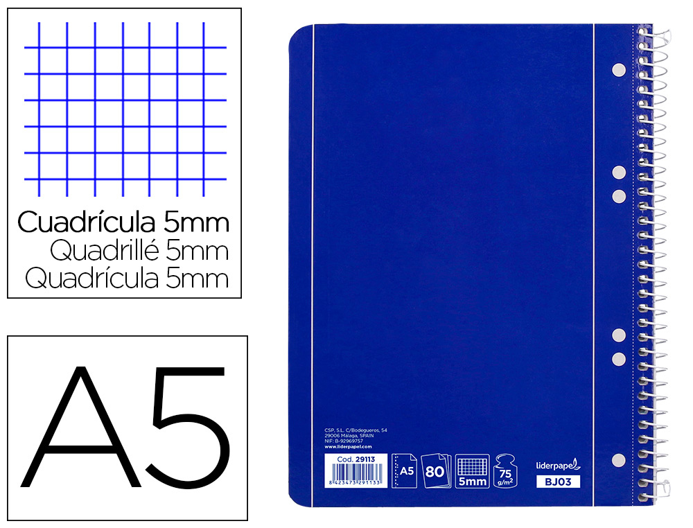 CUADERNO ESPIRAL LIDERPAPEL A5 MICRO SERIE AZUL TAPA BLANDA 80H 75GR CUADRO5MM 6 TALAD ROS AZUL