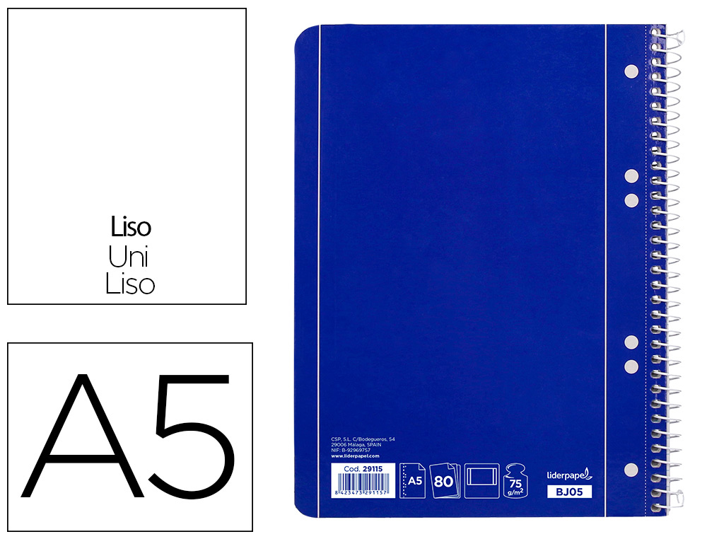 CUADERNO ESPIRAL LIDERPAPEL A5 MICRO SERIE AZUL TAPA BLANDA 80H 75GR LISO 6 TALADROS AZUL