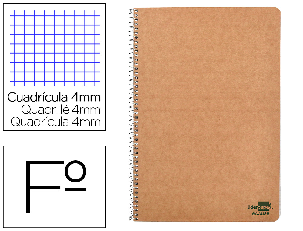 CUADERNO ESPIRAL LIDERPAPEL DIN A4 ECOUSE TAPA CARTULINA KRAFT 80H PAPEL RECICLADO 80GR CUADRO 4MM CON MARGEN
