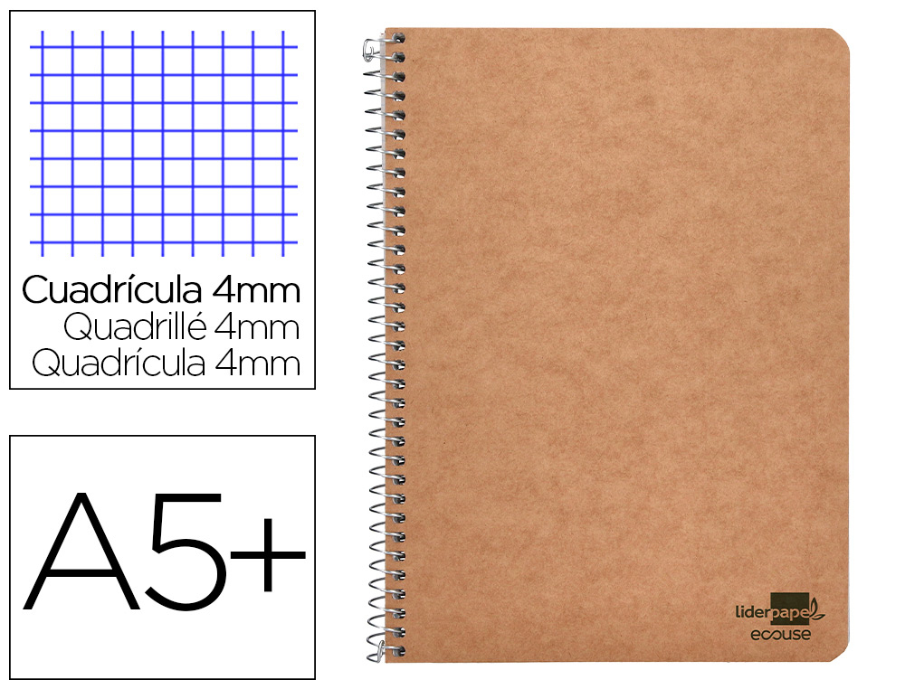 CUADERNO ESPIRAL LIDERPAPEL A5 ECOUSE TAPA CARTULINA KRAFT 80H PAPEL RECICLADO 80GR CUADRO 4MM